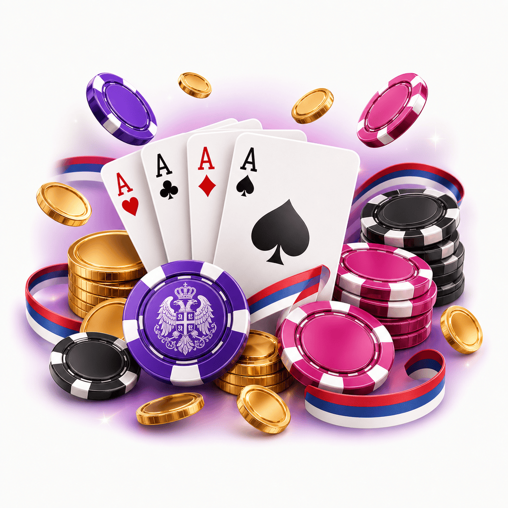 Casino chips and cards on a Serbian-themed background